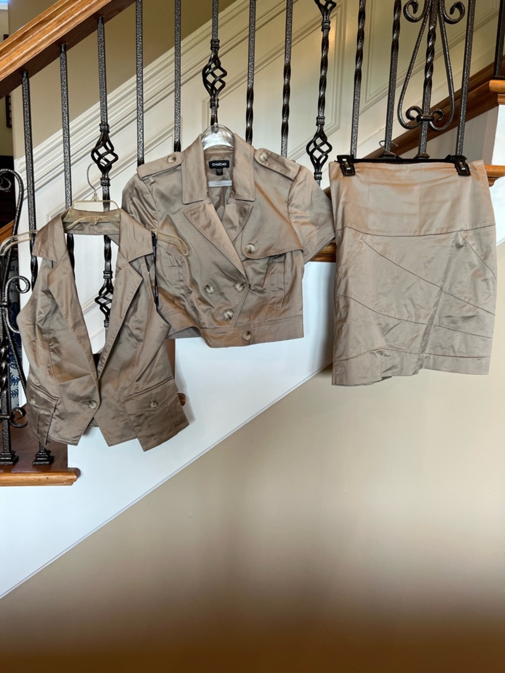 Bebe Taupe Cropped Trench Jacket size 8 Skirt size 10 and vest Set